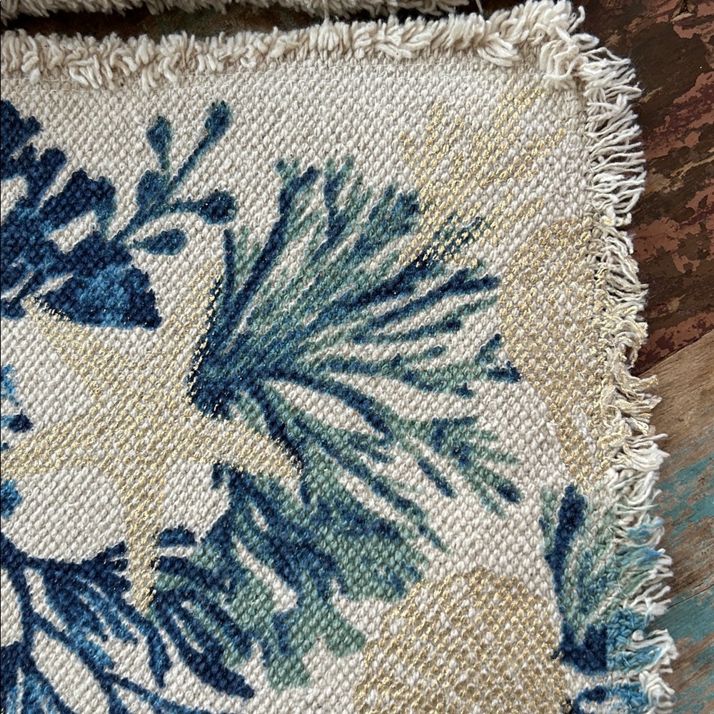Tommy Bahama Kelp + Sea Shells Fringed Placemats Set of 5 Gold & Blue on Tan - Picture 3 of 11